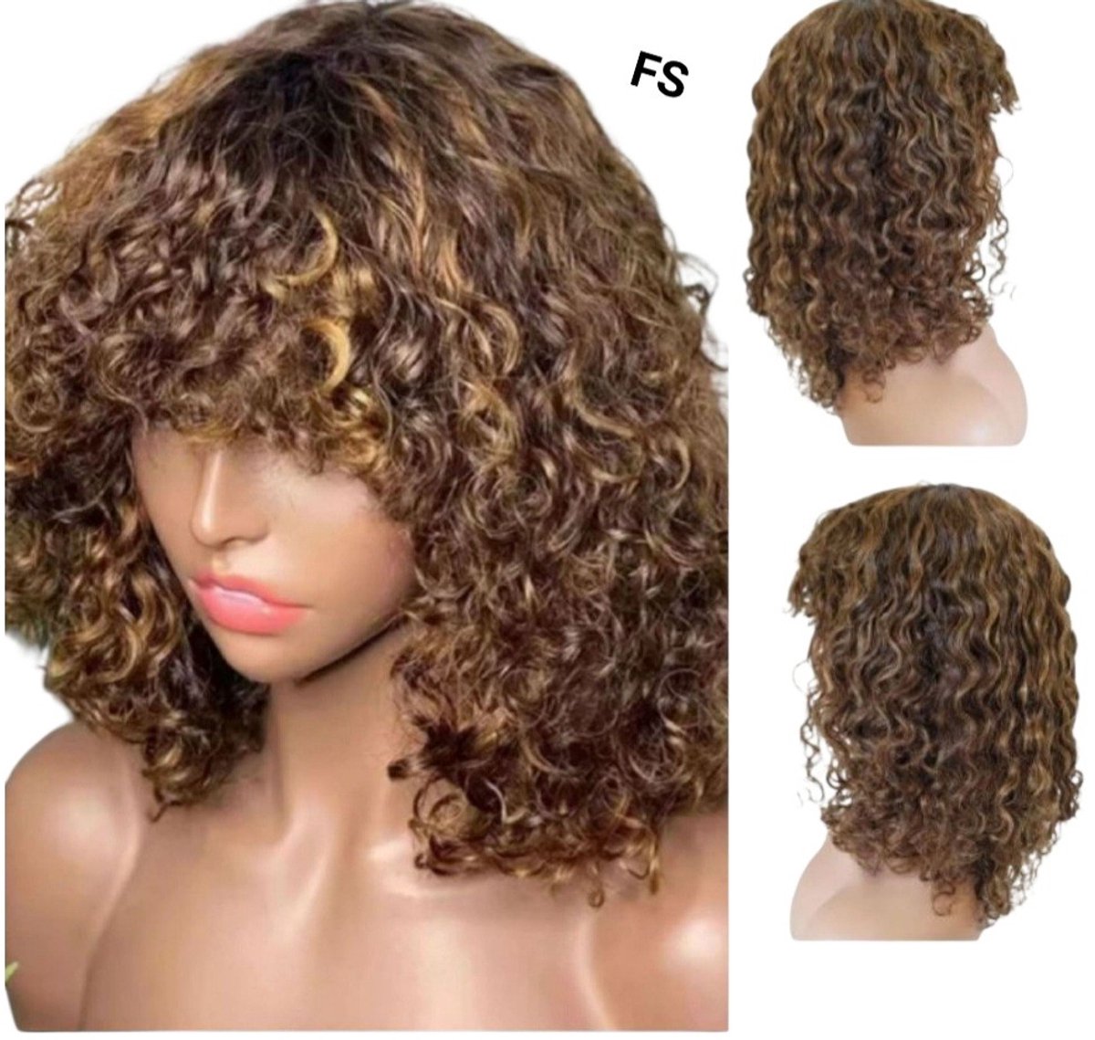 Human Hair Pruik – Braziliaans Remy Haar – Highlight P4/30/27 -Zomer -pruiken- Pruik kort haar-Krullend – 30 cm – Met Pony– Geen Lace – Damespruik