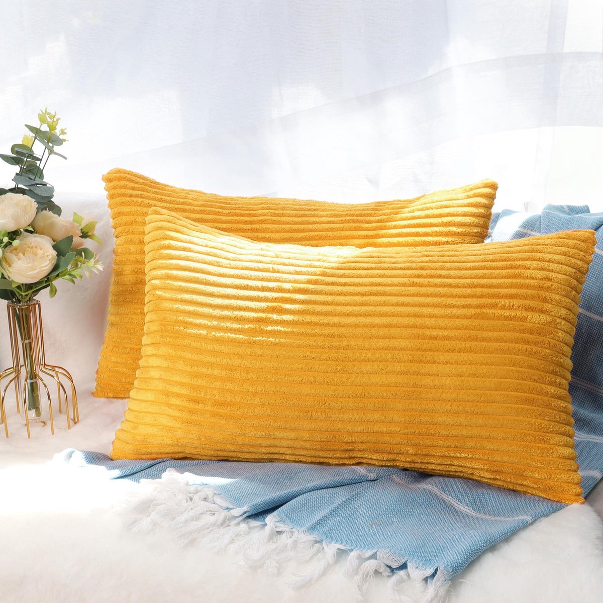 Ibenzoa Kussensloop Set van 2 in Corduroy voor Sierkussens 30x50 cm in Diverse Kleuren geel