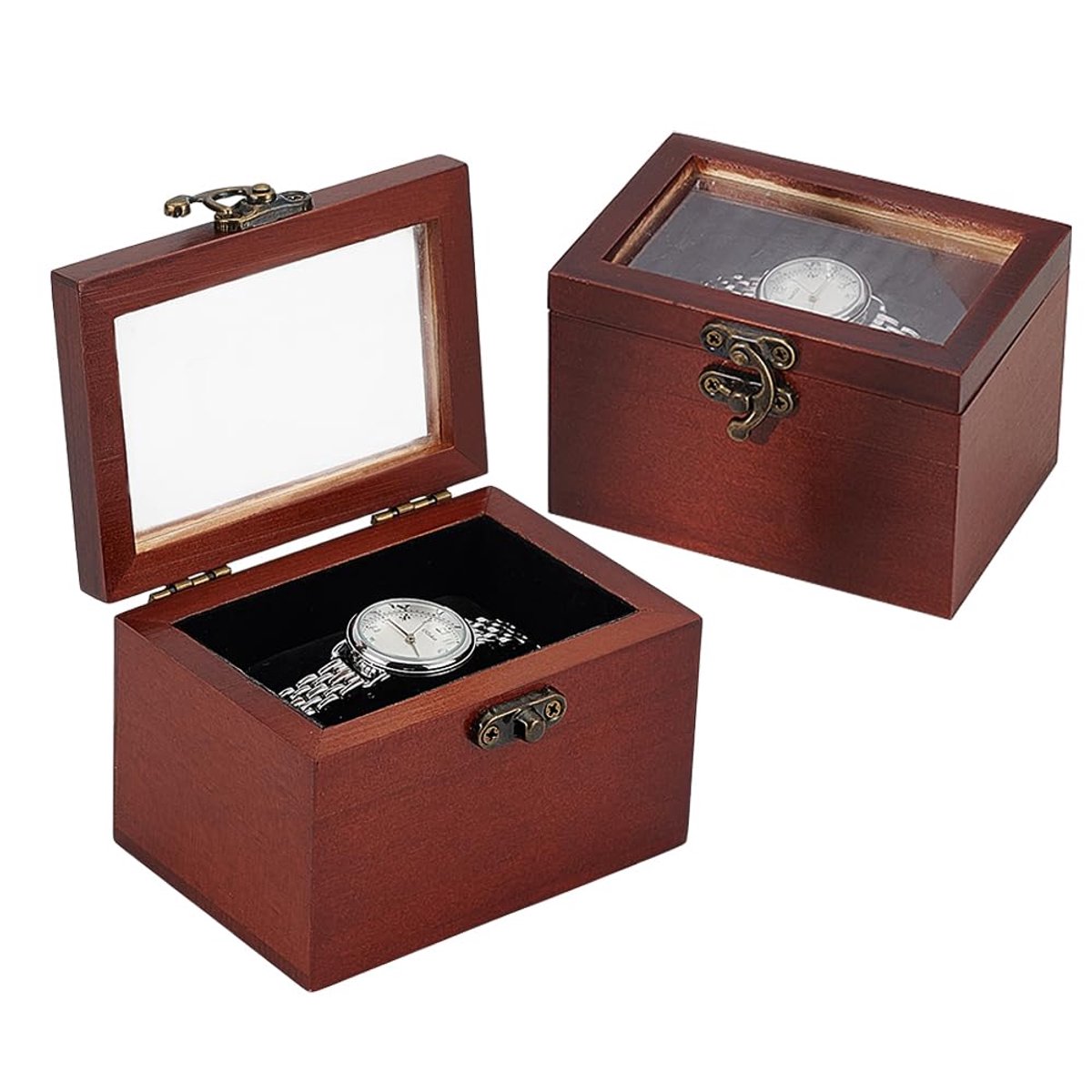 TRANKIELO® - Vintage Stijl Houten Horloge Organizer - Horloge Display Box - Sieraden Opbergsysteem - Bruin, 2.8x3.9x2.5 Inch - Set van 2
