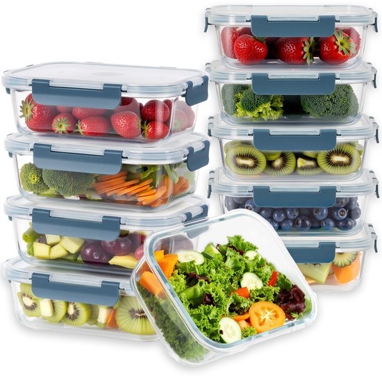 Blue Liberty - Vershoudbakjes Glas met Deksel 10 stuks - 1L - Meal Prep Bakjes - Diepvriesbakjes - Geschikt voor Vriezer, Magnetron en Oven - Luchtdicht - BPA Vrij - Glas