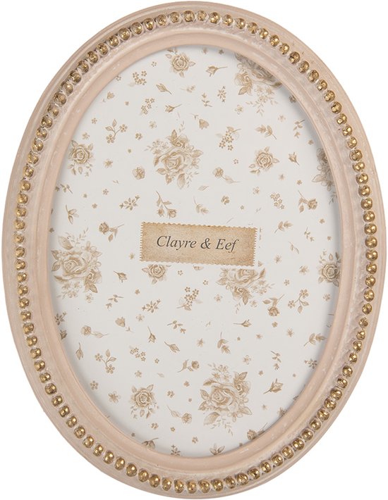 Ovale fotolijst met roze en gouden bloemenpatroon en parelrand, met 'Clayre & Eef' logo.