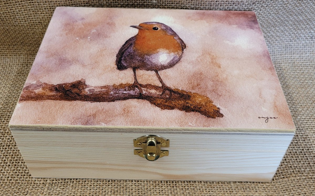 Theedoos met aquarel print roodborstje - 9-vakken - theedoos van hout - theebox van hout - theebox met aquarel roodborstje - theebox roodborstje - theedoos roodborstje