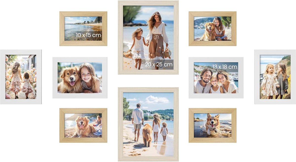 Famanu Set van 10 fotolijsten, twee van 20 x 25 cm, vier van 13 x 18 cm, vier van 10 x 15 cm, kunststof voorkant, MDF, natuurlijk eiken, wolkenwit, natuurlijk beige RPF310K02 Natuurlijk eiken + wolkenwit + natuurlijk beige