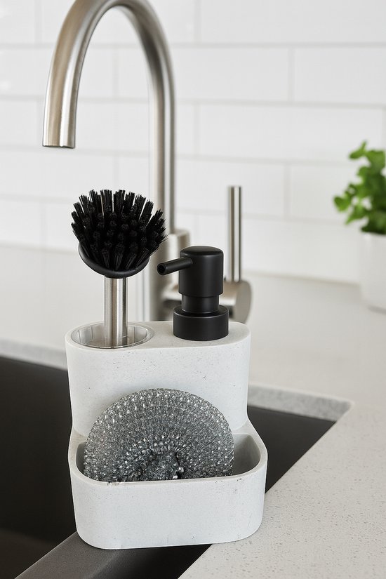 Distributeur de savon 3 en 1 Mevaz avec brosse à vaisselle et éponge – Design moderne – Aspect marbre Wit
