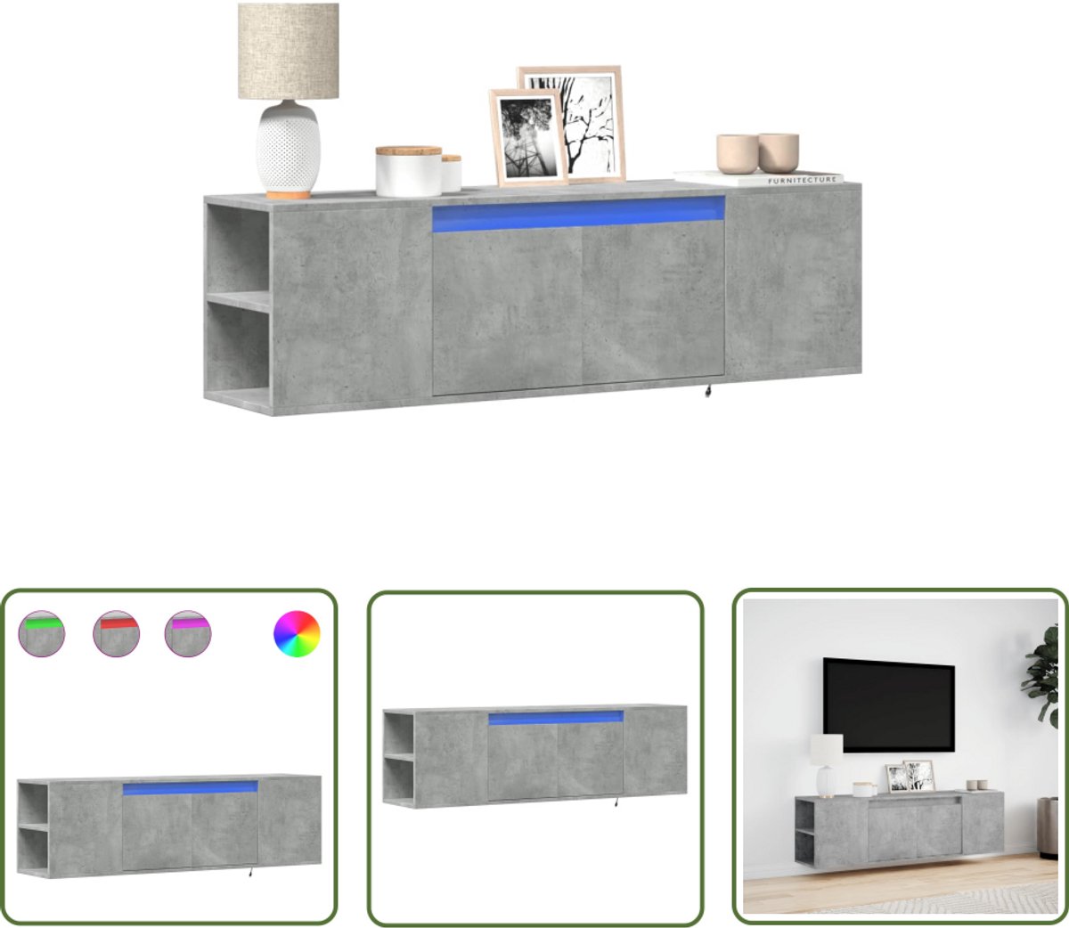 vidaXL Tv Kast - Tv Meubel - Tv-wandmeubel met LED-verlichting 135x31x39,5 cm betongrijs - Led Verlichting - Beton Grijs - Woonkamer Decoratie
