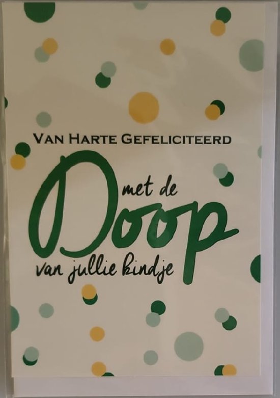Van harte gefeliciteerd met de doop van jullie kind! Een kleurrijke kaart met een afbeelding van mooie stippen. Leuk om zo te geven of om bij een cadeau te voegen. Een dubbele wenskaart inclusief envelop en in folie verpakt.