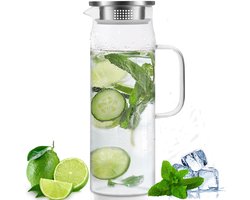 Waterkan met deksel 1L - Extra stevig glas - Past perfect in koelkastdeur - Vaatwasser bestendig - Schenkkan - Theekan