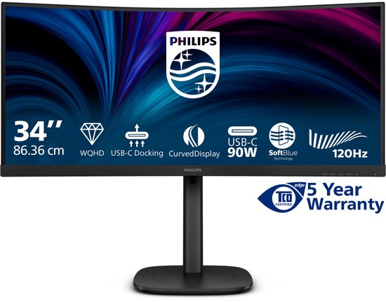 Philips 34" 86.36cm gebogen monitor met WQHD, USB-C 90W docking, 120Hz en 5 jaar garantie.