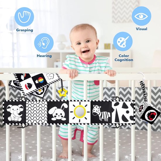 Speelgoed stoffen boek Baby Awakening 0-12 maanden Zwart-witte kaart Babycadeau Geboorte meisje Jongen Sensorisch speelgoed Baby rammelaar 3-delige zwart-witte set Baby speelgoed van Merkloos — afbeelding 3