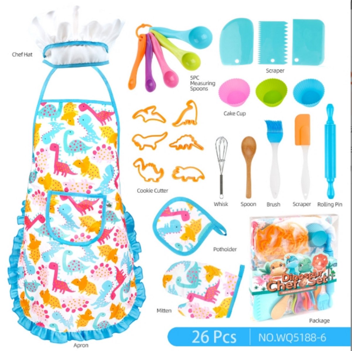 Daity 26-delige kook- en bakset voor kinderen, inclusief kinderkoksmuts en dinosaurusschort, ovenwanten en kookgerei, geschikt voor 4- tot 6-jarigen, geschikt als rollenspel voor koks, geschikt als cadeau voor jongens en meisjes