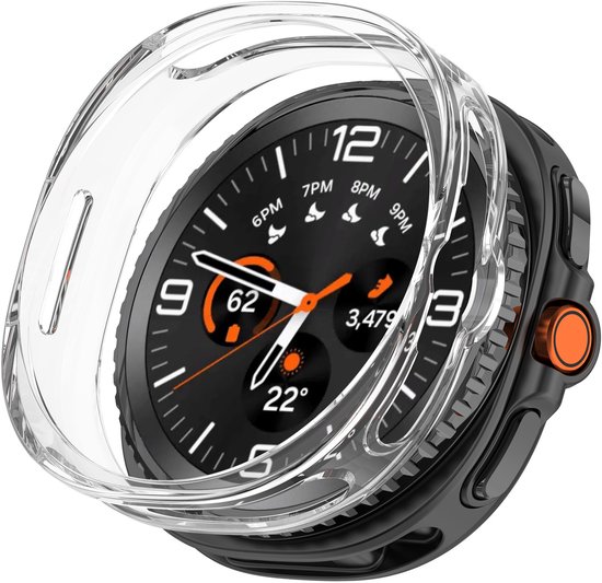 Transparante TPU hoes om een zwarte smartwatch met oranje accenten, van de zijkant bekeken.