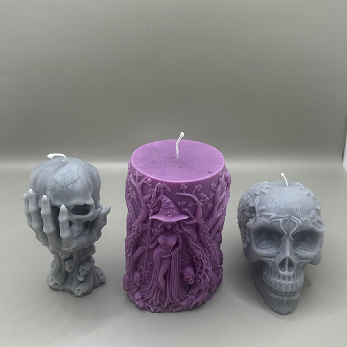 Handgemaakte Gothic Geurkaarsen Set – Schedel, Skelet Hand & Heks – Magnolia & Autumn Spice – Halloween Decoratie
