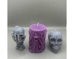 Handgemaakte Gothic Geurkaarsen Set – Schedel, Skelet Hand & Heks – Magnolia & Autumn Spice – Halloween Decoratie