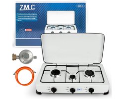 ZMC gasfornuis met 3 pitten, kampeerfornuis met slang en regelaar, voor propaangas LPG, 2x 2,2 kW + 1x 1,0 kW brander, fornuis met drie pitten voor buitenkamperen, 2-traps vlam, verbruik 393 g/u