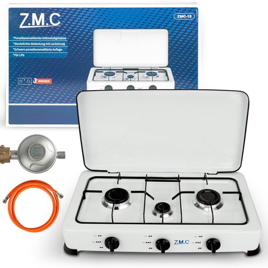 Réchaud à gaz 3 feux ZMC, réchaud de camping avec tuyau et régulateur, pour gaz propane GPL, 2x 2,2 kW + 1x 0 kW brûleur, réchaud trois feux pour camping en plein air, flamme à 2 niveaux, consommation 393 g/h