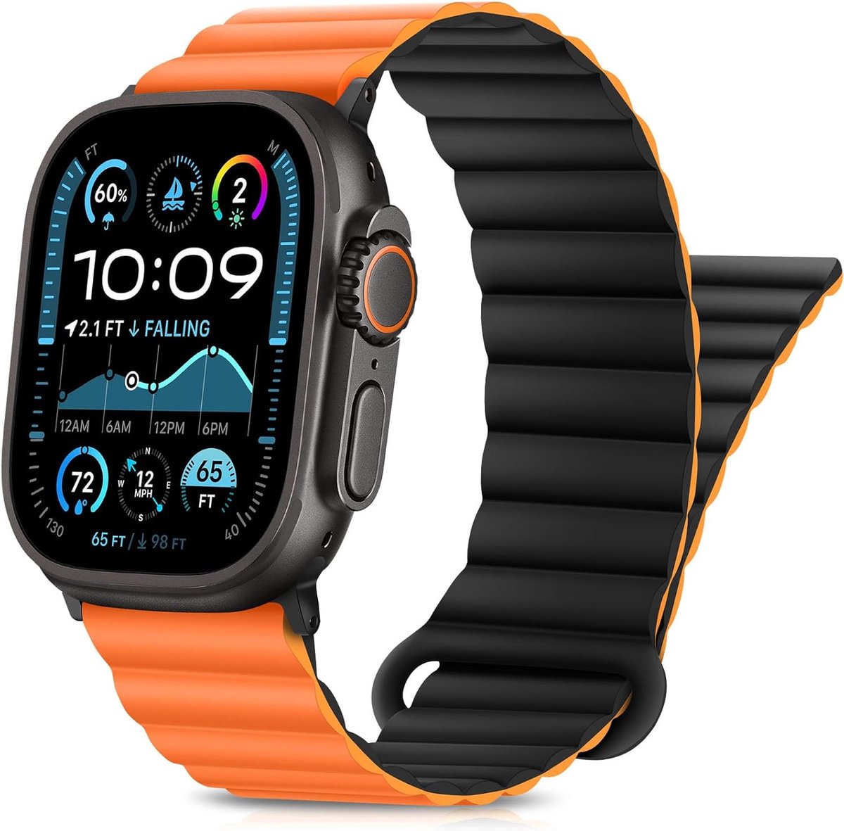 Geschikt voor Apple Watch-bandjes 42-44-45-49 (S10 46) MM universeel, dubbelzijdig siliconen magnetisch horlogebandje, compatibel met Apple Watch Ultra-serie 10 9 8 7 SE 6 5 4 (42-44-45-49 (S10 46) MM universeel, zwart en oranje)