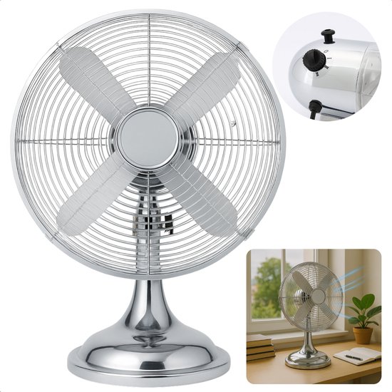 Cheqo® Retro Tafelventilator 30 cm Chroom – Oscillerend, Kantelbaar, 3 Snelheden, Metalen Bladen, Stil, Energiezuinig
