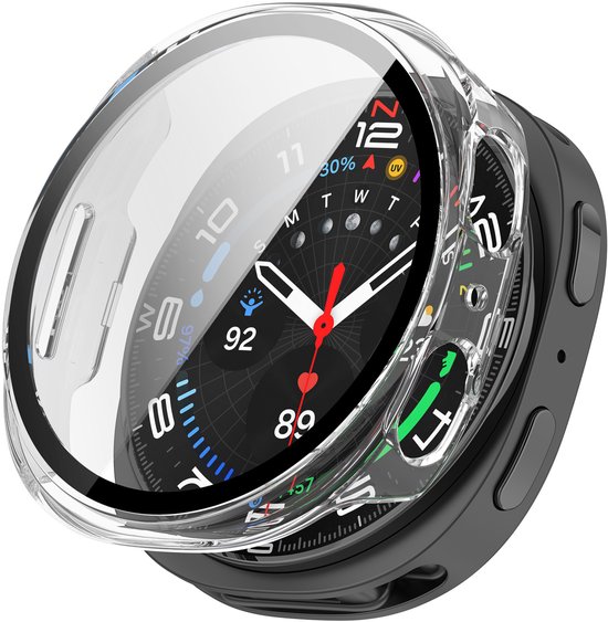 Transparant hoesje met screenprotector voor Samsung Galaxy Watch 8 44mm, in grijze behuizing.