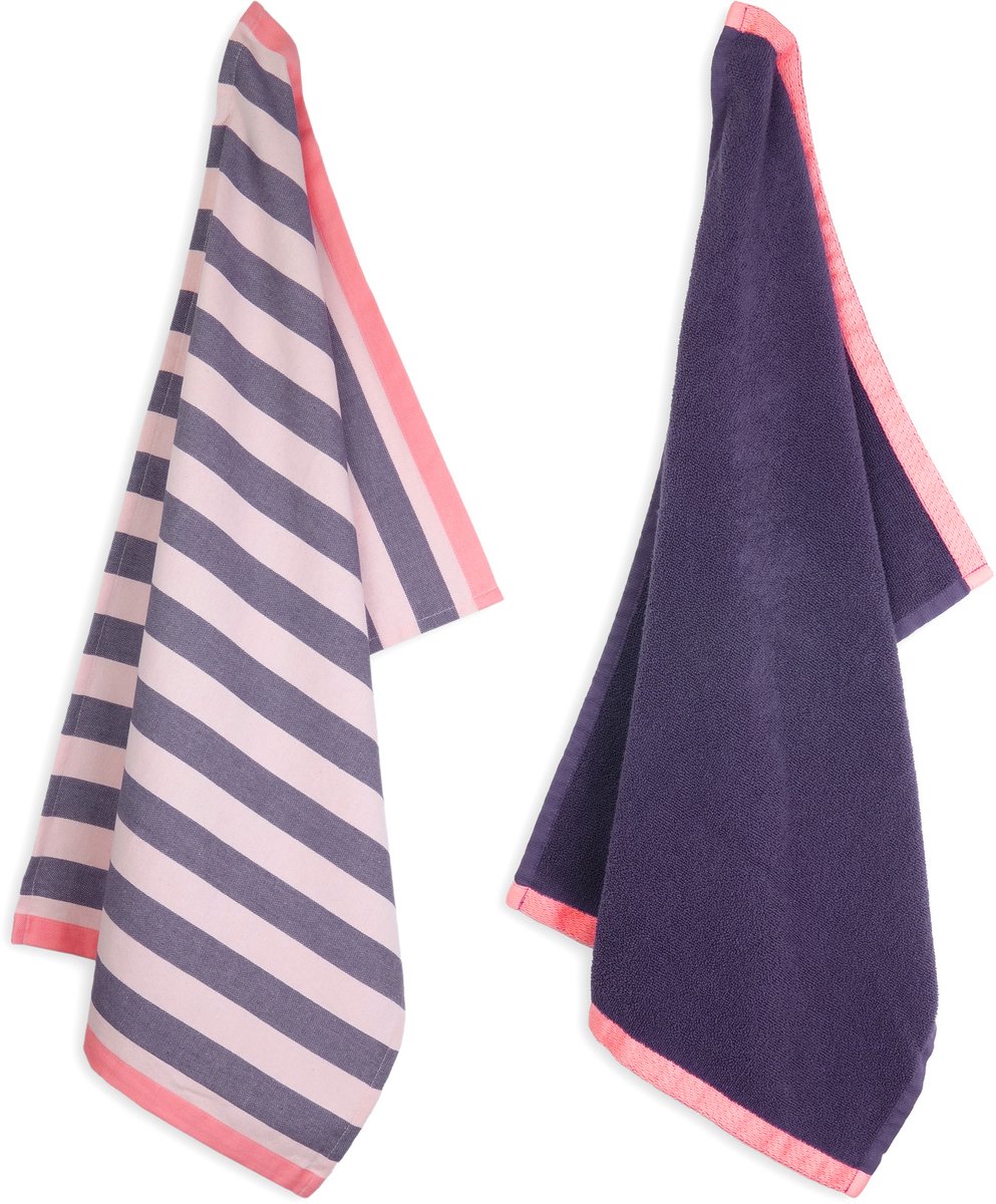Lifa home Velvet Dusk Theedoek en Handdoek set – 50 x 70 cm – Streep – Donker