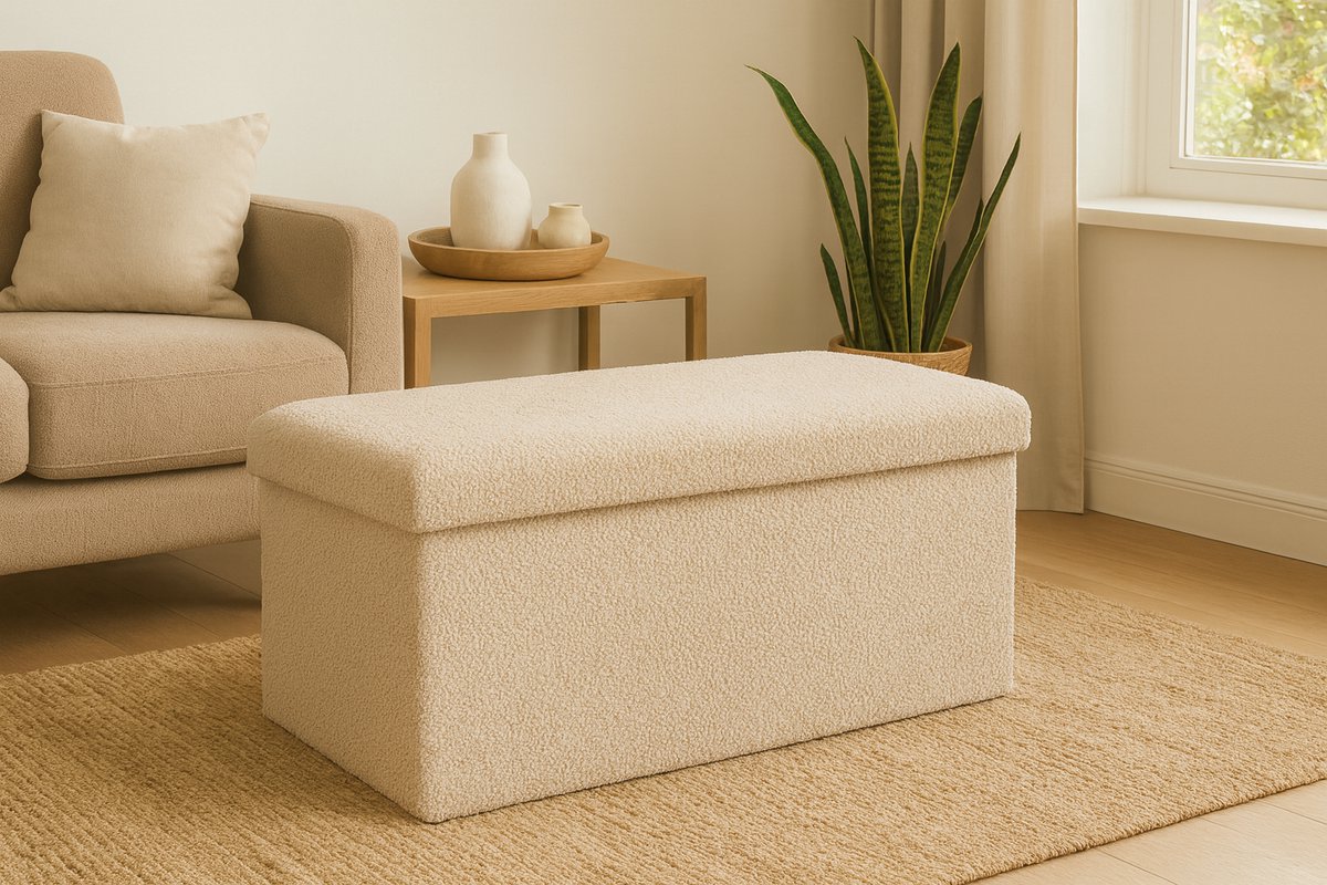 Fameilleur Teddy Opbergbank 82x40x40 cm- Beige Zitbank met Opbergruimte –Opklapbare Deksel –Comfortabele Zitplaats – Opbergbox Bank -Gestoffeerde Opbergkist -Bankje voor Woonkamer, Hal of Slaapkamer – 99 Liter – Tot 110 kg Belastbaar- opberg bank