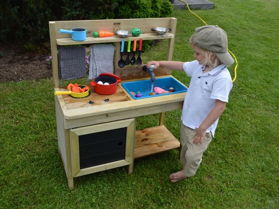 Outdoor modderkeuken voor kinderen, robuuste speelgoedkeuken van hout met accessoires, creatief zand- en modderspeelgoed voor buiten, perfect voor tuin, strand of zandbak, natuurgeïnspireerd spelen