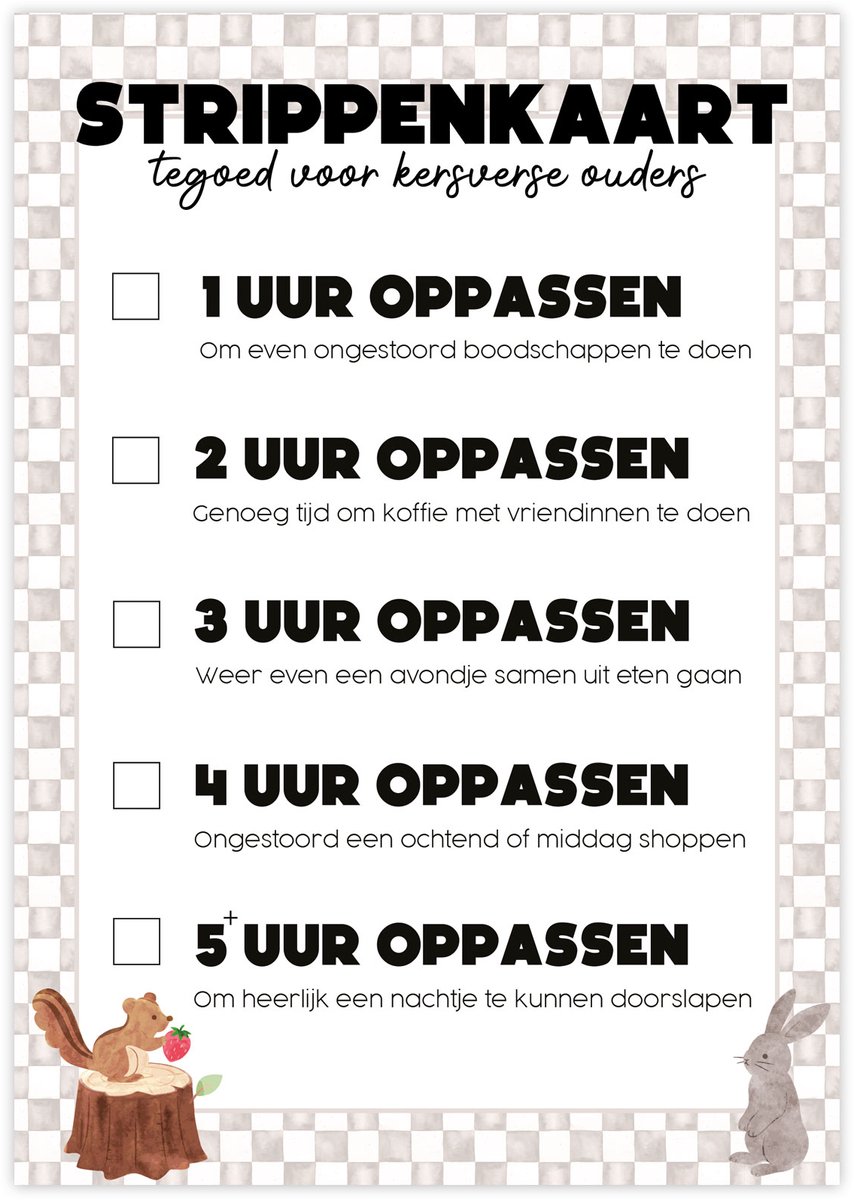 Oppasstrippenkaart A5 - tegoedkaart oppassen - kraamcadeau baby - babyshower cadeau