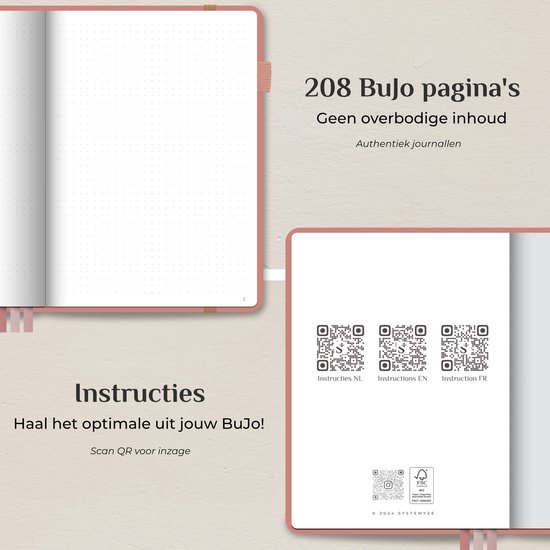 Systemyze Bullet Journal – Notitieboek A5 – Journal Notebook – Hardcover Vegan Leer – Roze