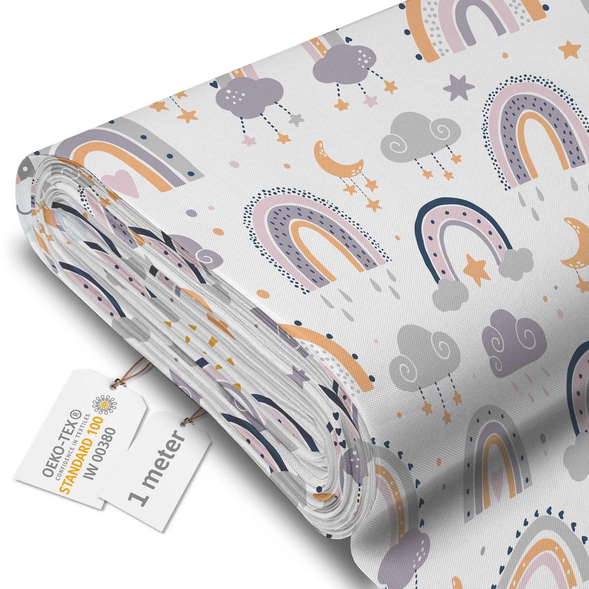 DreamRoots Canvas Waterdicht - Meubelstof per meter 160 cm breed - Waterafstotende stof 220 g/m2 600D - Luifelstof Waterdicht per meter Doodle Rainbow and Moon 1M