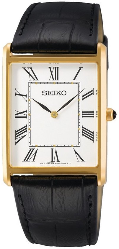 Gouden Seiko herenhorloge met zwarte krokodellenleren band, witte wijzerplaat met Romeinse cijfers en gouden kast.