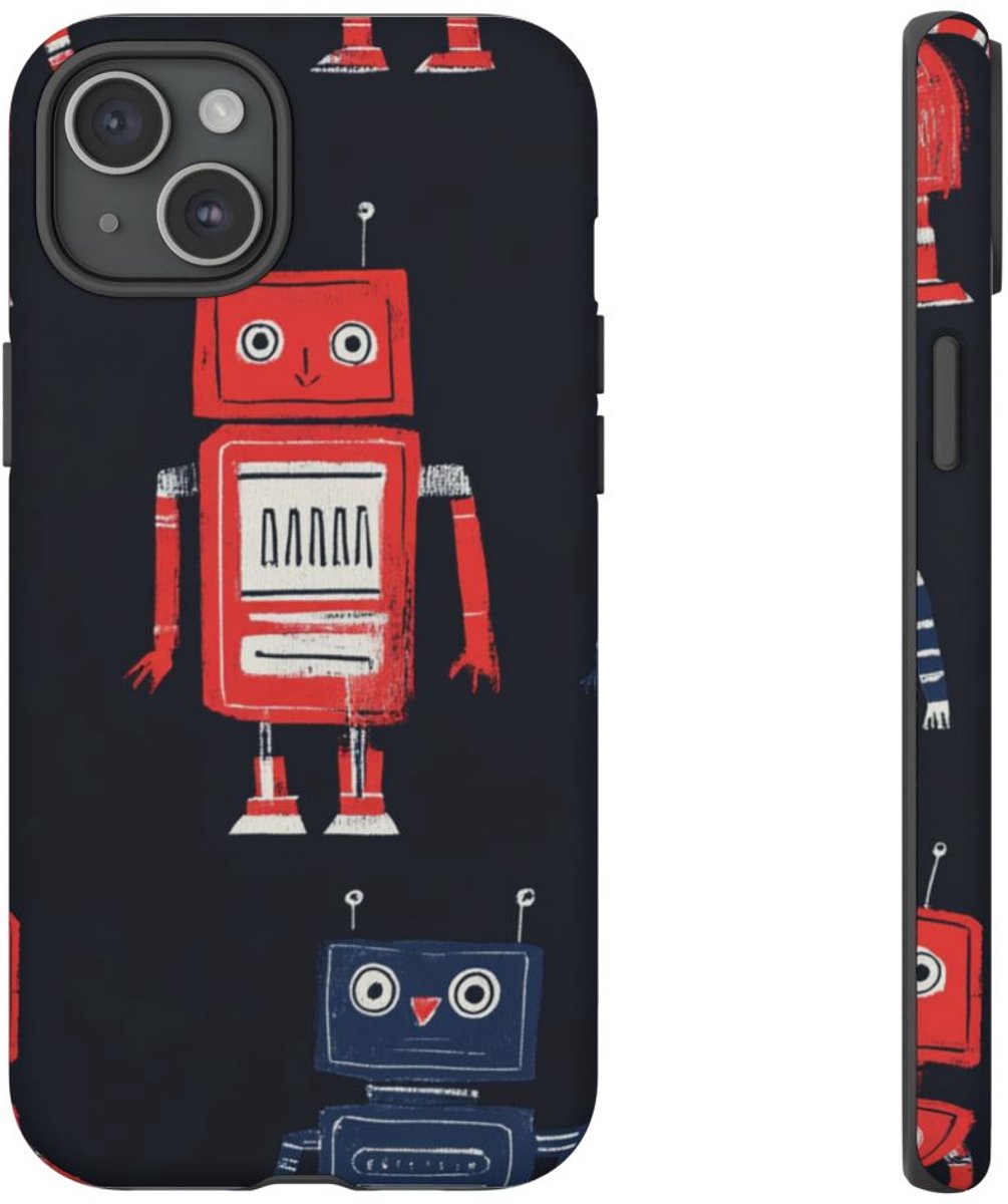 Retro Robotpatroon in Rood en Blauw – Telefoonhoesje Geschikt voor iPhone 15 Plus