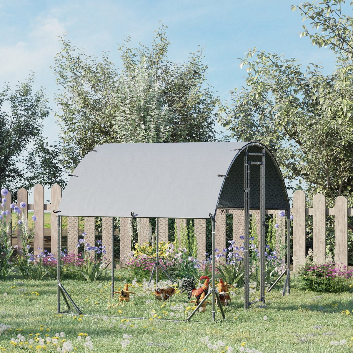 Merax Kippenren Buiten 280x190x197 cm – Hondenren of Kippenhok met UV-bestendige Overkapping – Groot Buitenhok Voor 4-6 Kippen of Kleindieren – Verzinkt Staal – Zilver thumbnail 7