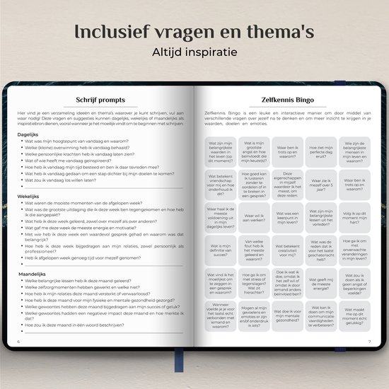 Twee pagina's met tekst en grafische elementen, titels 'Inclusief vragen en thema's' en 'Schrijfprompt' en 'Zelfkennis Bingo'.