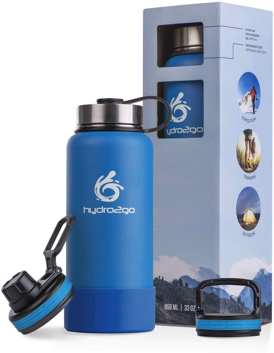 hydro2go® RVS drinkfles 950 ml – Blauw – Thermos – 12u warm / 24u koud – 3 doppen – lekvri