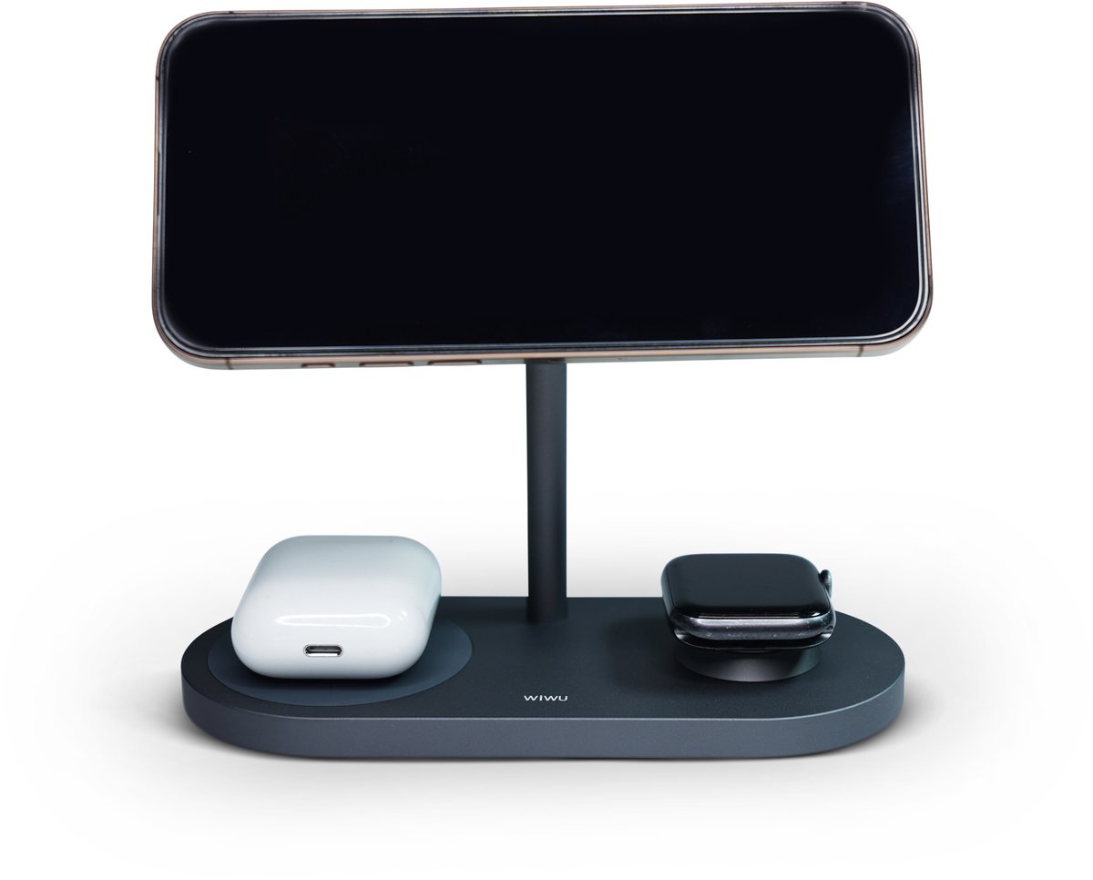 WiWU 3-in-1 Draadloos Oplaadstation – MagSafe Compatibel – Geschikt voor Smartphones, Smartwatches & Oortjes – USB-C Snellader (20W) – Compact & Stijlvol