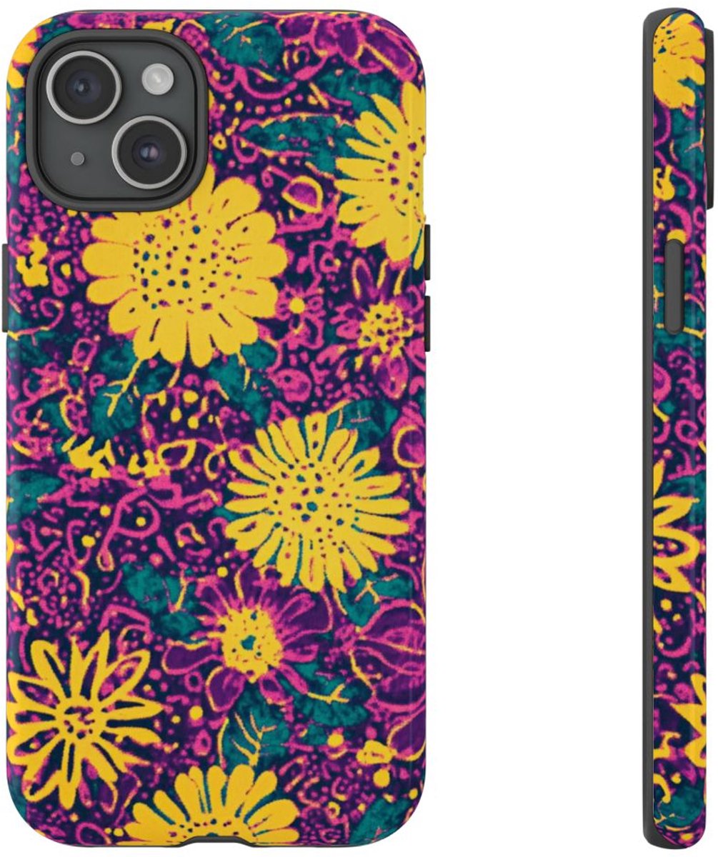 Gele en Paarse Bloemenprint – Telefoonhoesje Geschikt voor iPhone 15 Plus