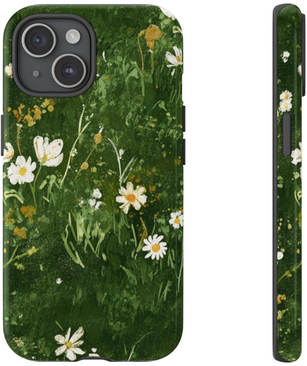 Groene Weide met Witte Bloemen – Telefoonhoesje Geschikt voor iPhone 15