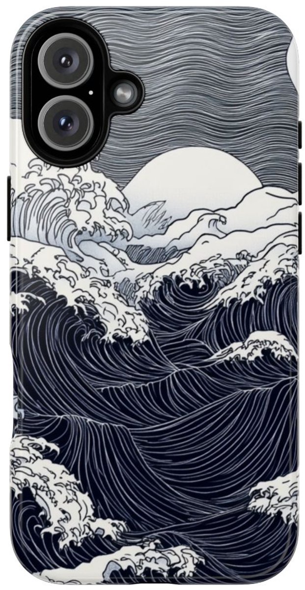 Monochrome Oceaangolven met Maan – Telefoonhoesje Geschikt voor iPhone 16 Plus