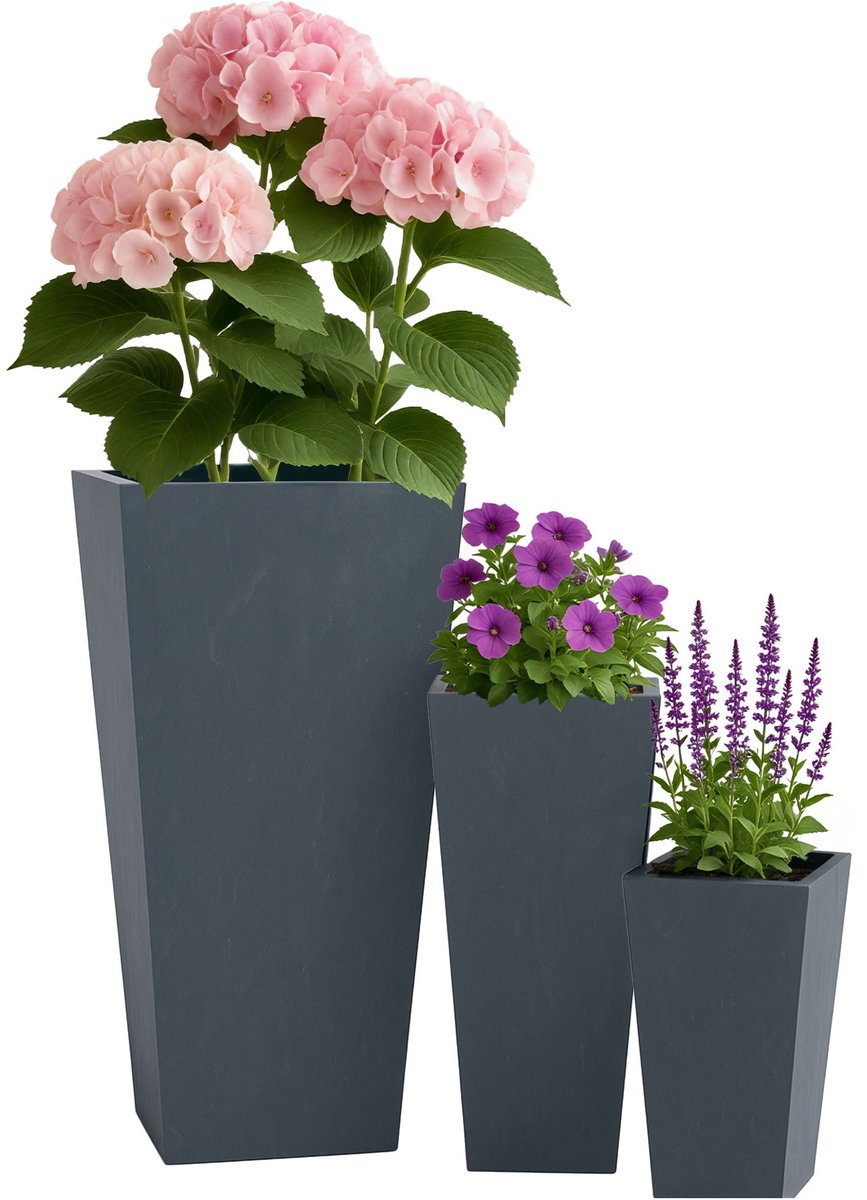 CLP Set van 3 vierkante bloempotten - voor binnen en buiten - weerbestendig vorstbestendig - steenlook - plantenbakken - fiberclay - antraciet