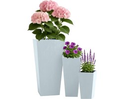 CLP Set van 3 vierkante bloempotten - voor binnen en buiten - weerbestendig vorstbestendig - steenlook - plantenbakken - fiberclay - grijs