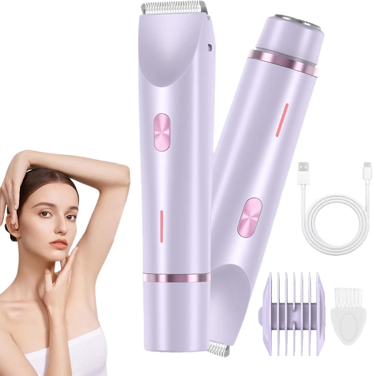 2-in-1 scheerapparaat voor dames - Elektrisch scheerapparaat met twee koppen - Waterdicht, nat en droog - Epilator - Bikinilijntrimmer - Trimmer voor dames - Paars