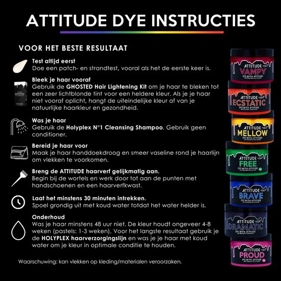 Instructies voor Attitude haarverf met afbeeldingen van de gebruikte producten en kleuren.