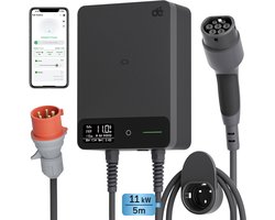 dé Laadpaal 11kW 16A 3 fase - Home Wallbox met APP-besturing - 5 meter Type 2 vaste kabel - Slim laadstation met Aardlekschakelaar Type B en IP54 Bescherming - voor BEV/PHEV - Zwart