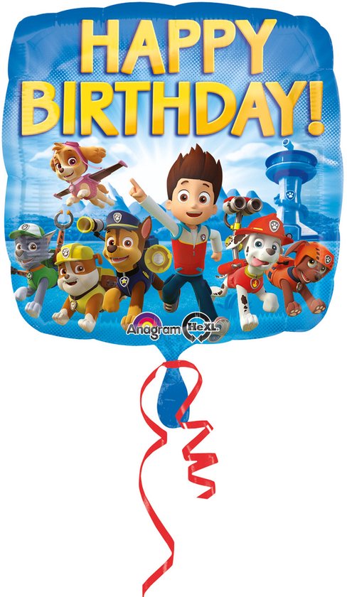 Blauwe verjaardagsballon met PAW Patrol personages en de tekst 'HAPPY BIRTHDAY!'