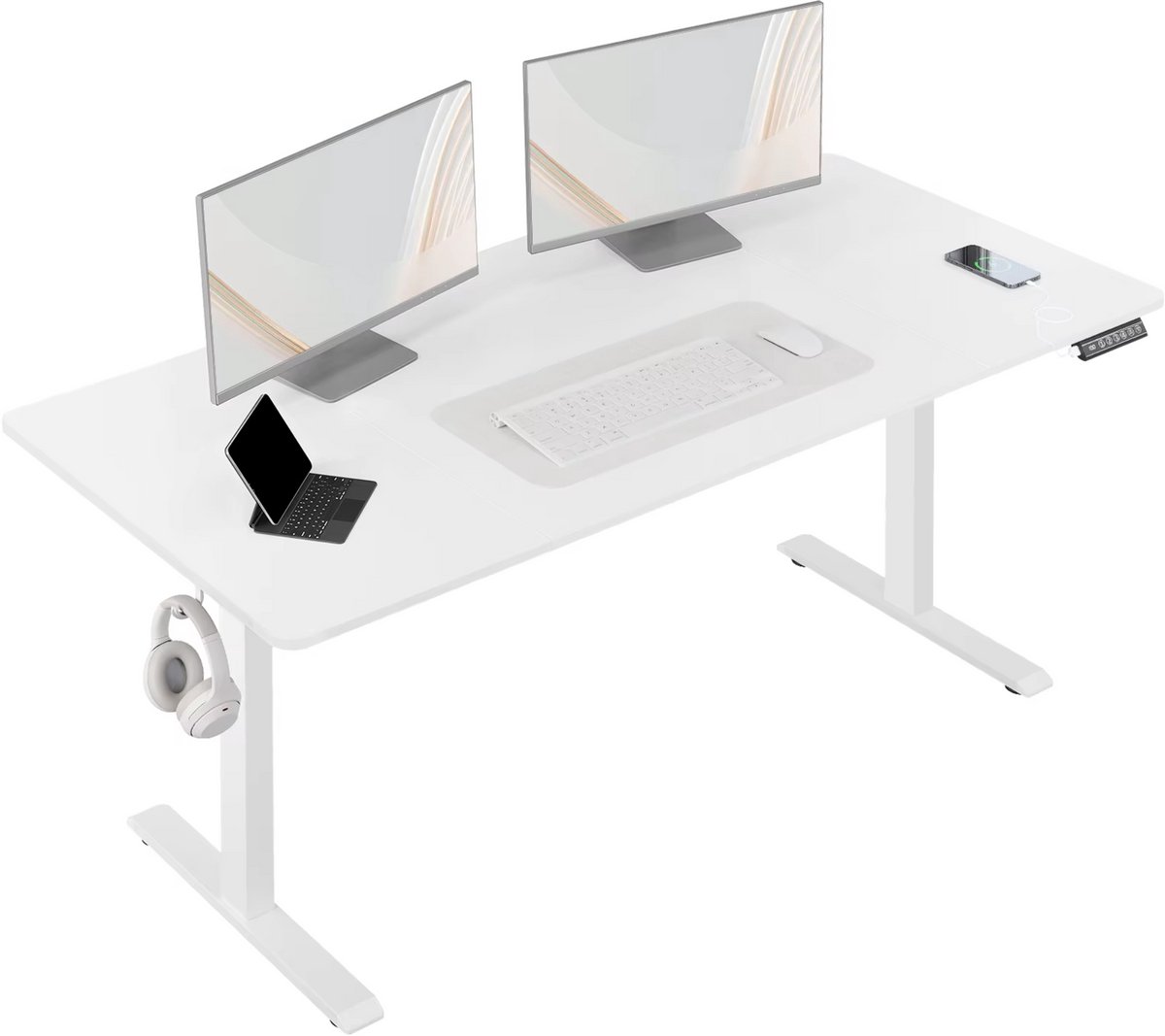 Happiq Elektrisch Sta-Bureau - Voor Thuiswerken of Kantoor - Ergonomisch In Hoogte Verstelbaar Werkbureau met USB-Oplaadpoort en Geheugenfunctie - Color: 160x75cm white Wit