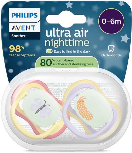Philips Avent Ultra Air Night - Glow-in-the-dark fopspeen –(0-6 mnd) Extra luchtopeningen - 2 stuks - SCF376/25 van Philips — afbeelding 2