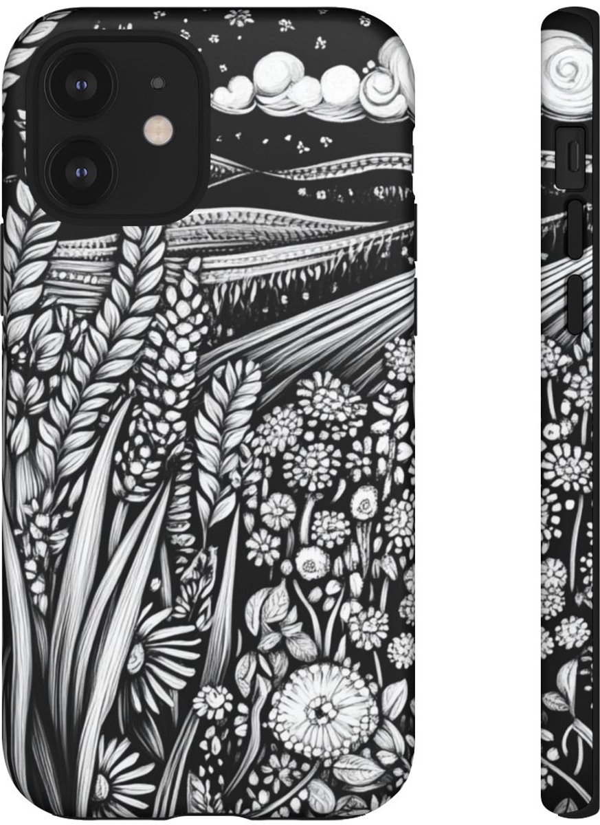 Zwart-Wit Folk Stijl Tarwe en Bloemenlandschap – Telefoonhoesje Geschikt voor iPhone 12