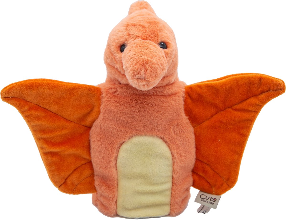 Cute since 1999 - Knuffel handpop Oranje Pterosaurus - Dier knuffel - Handpop voor poppenkast - 20cm