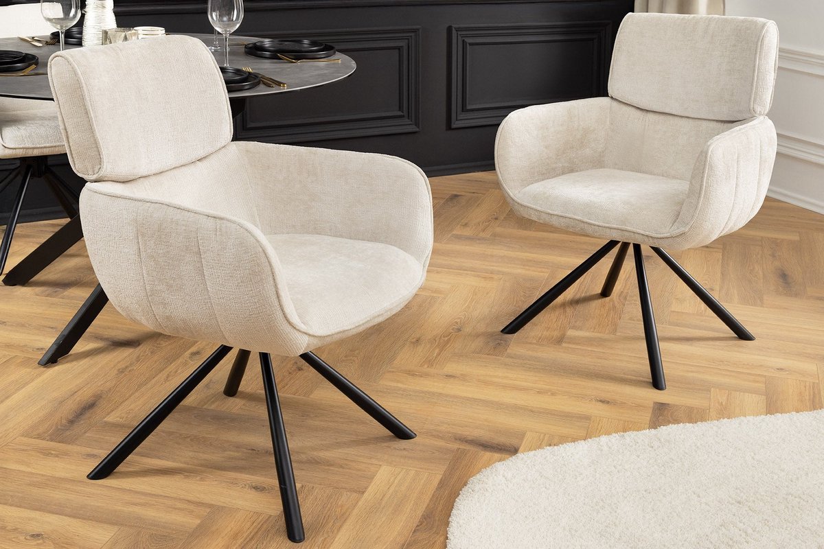 Invicta Interior Draaibare Retro Stoel UNIEKE champagne beige chenille metalen poten met armleuning - 46322 Zie omschrijving