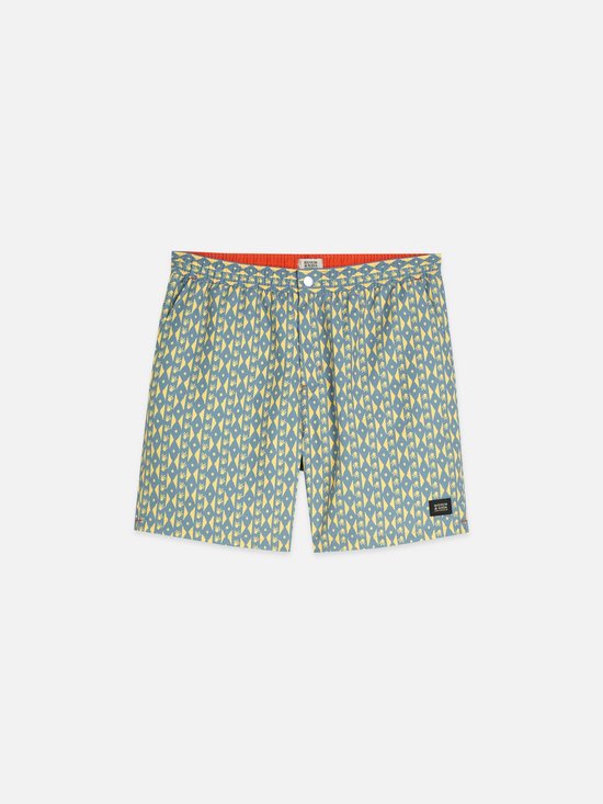 Short de bain bleu avec motif jaune, ceinture élastique et logo de la marque.