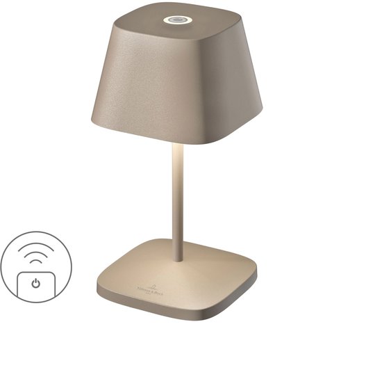 Beige Villeroy & Boch Neapel tafellamp met aan/uit-icoon en wifi-icoon. Rechthoekige kap op vierkante voet.